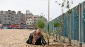 Gazze'de İsrail saldırılarında öldürülmüş kollar düşüncesince ağaç dikme kampanyası